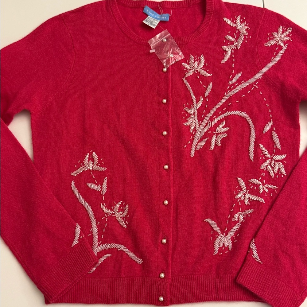 NWOT White + Warren Women's Pink Embroidered Sweater Lambswool And Rabbit Hair L